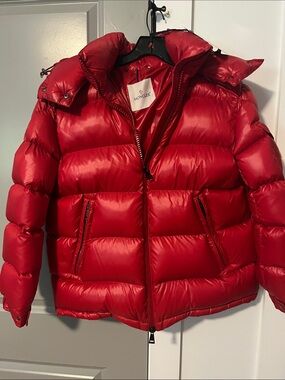 Moncler Bright Red Glossy Down Jacket with Removable Hood